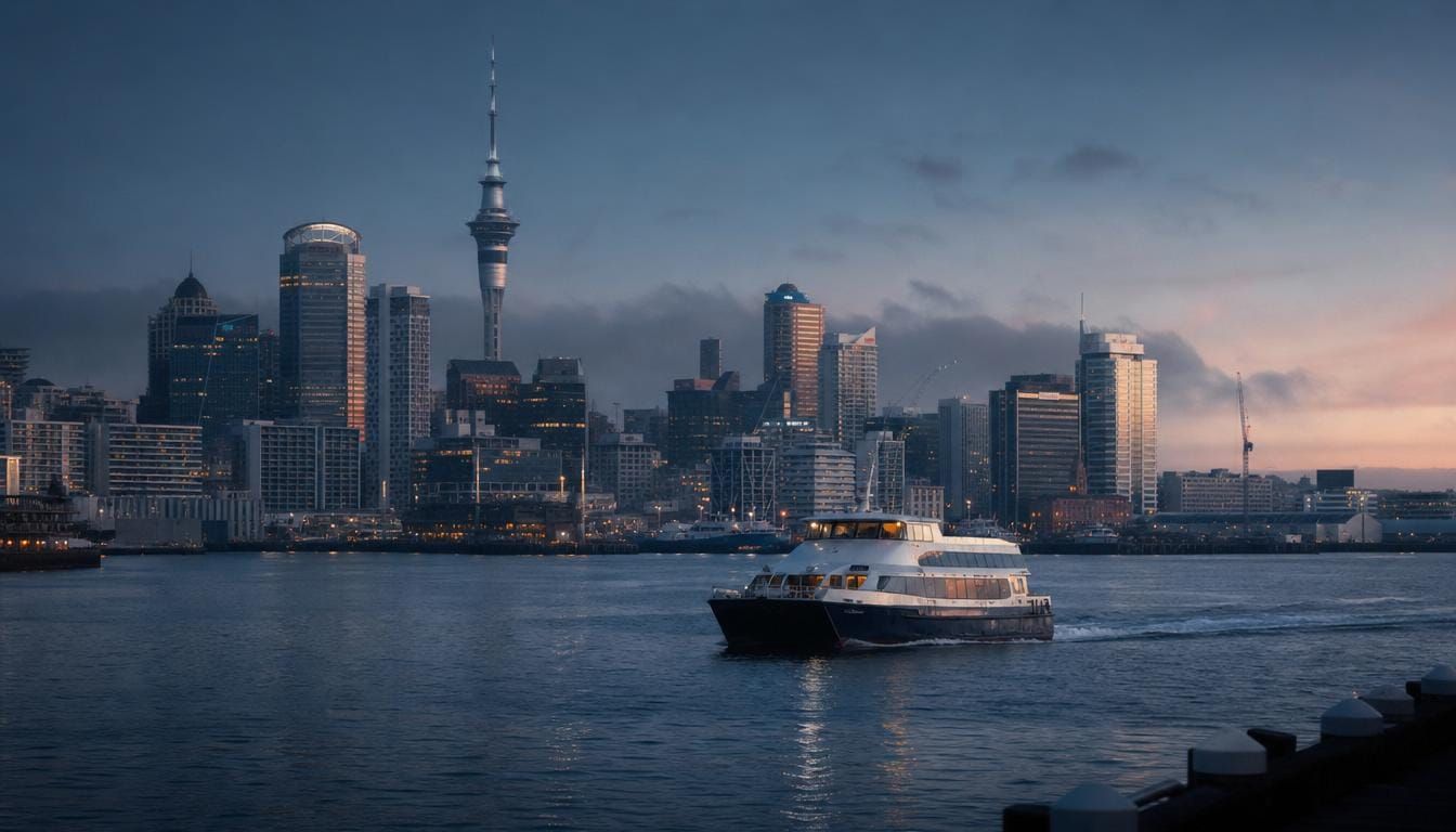 Auckland Waitemata Harbour at first light, a ferry crossing toward the city towers.