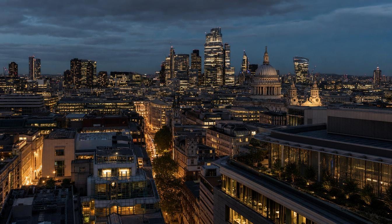 London at dusk, the dome of St Paul's among modern towers and lit windows.
