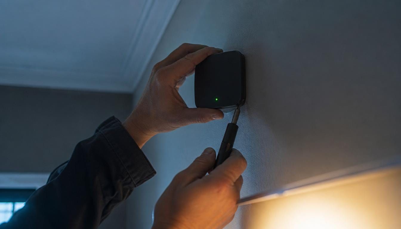 Hands mounting a small air quality sensor on a home wall, its status light glowing green.