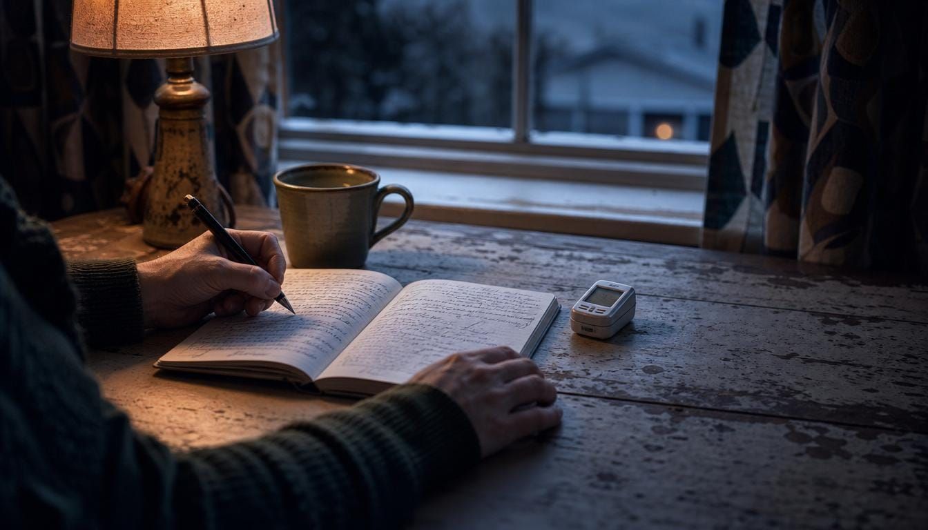 A field notebook, a small data logger, and a mug of tea on a kitchen table in a modest home.