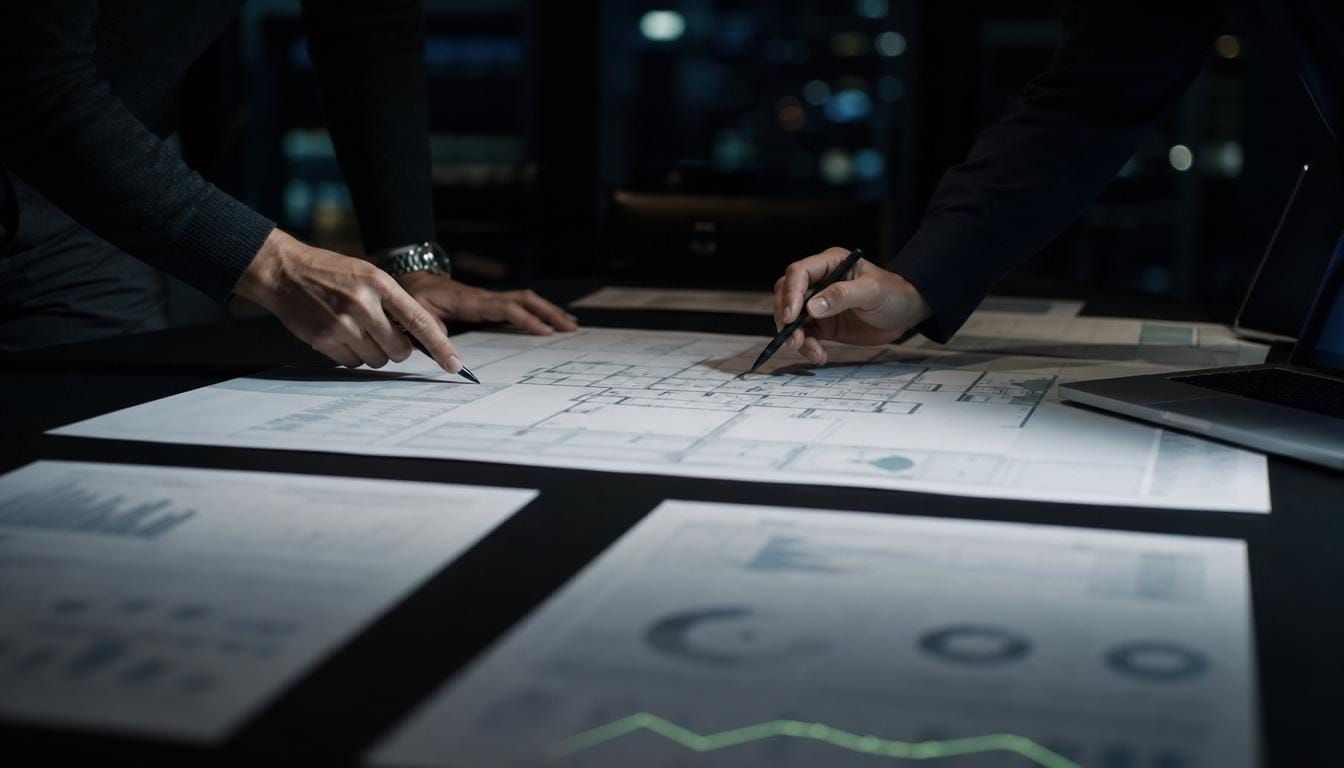 Hands arranging printed performance charts and a floor plan across a dark strategy table.