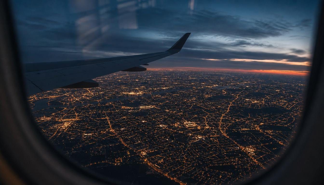 An aircraft wing over London at dusk, thousands of warm lights below.