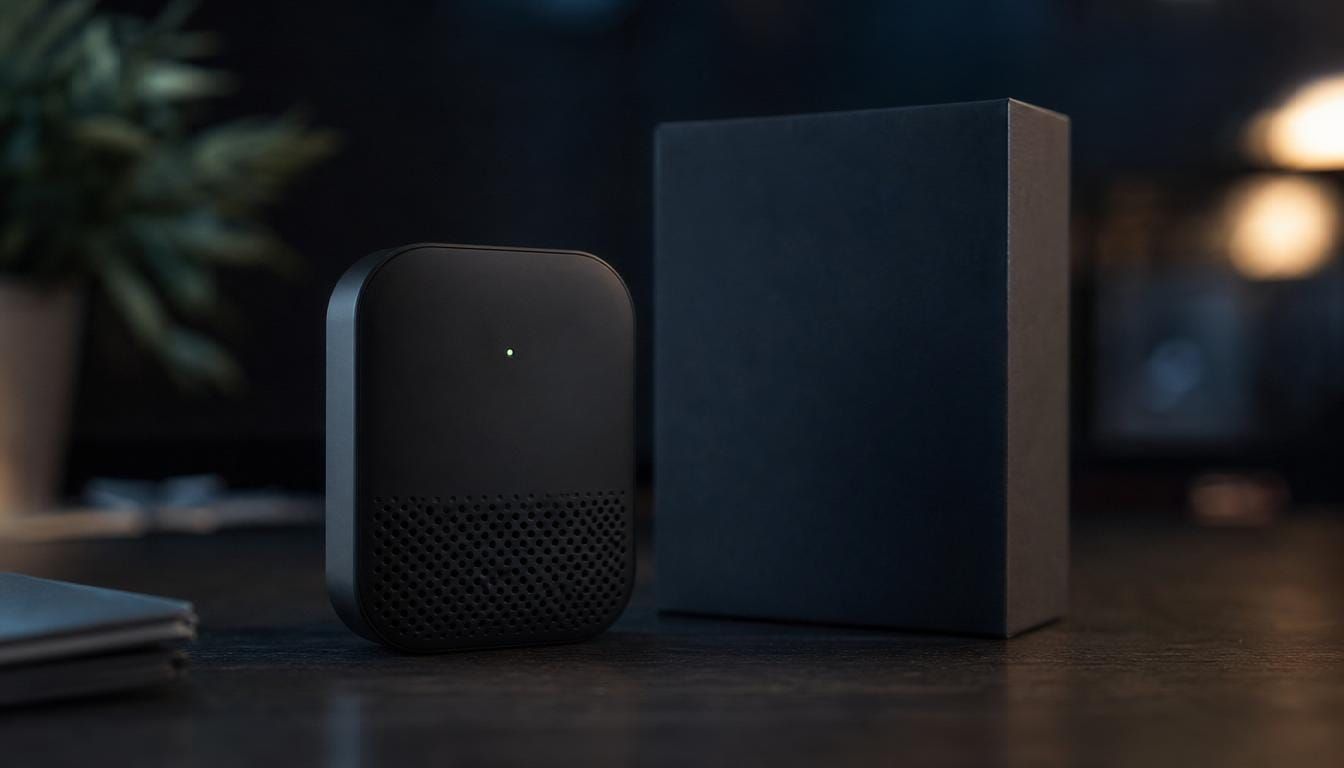 A matte-black indoor sensor beside its packaging, a small green status light glowing.