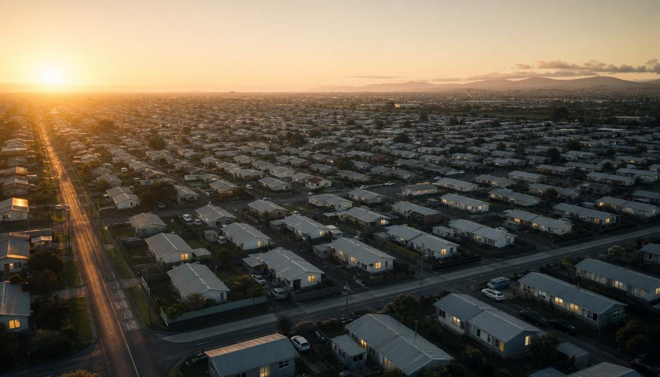 Dawn light raking across long rows of suburban rooftops, warm windows waking up.