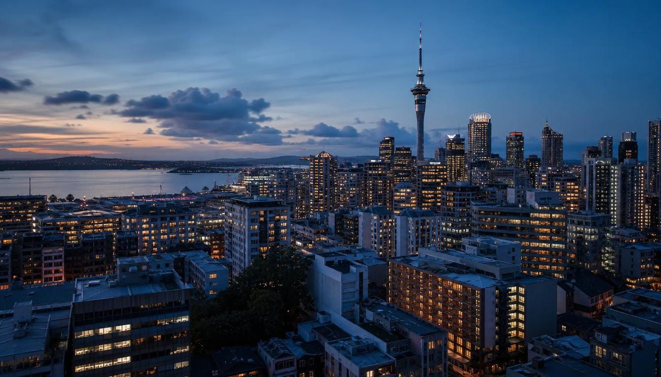 Auckland at dusk, hundreds of warm lit windows across the city's towers and apartments.