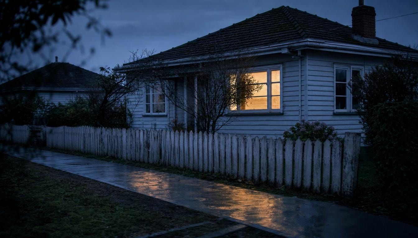 A weatherboard state house at winter dusk, one window glowing warm.