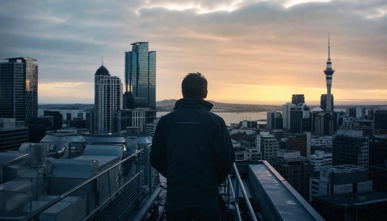 An engineer on a rooftop plant deck at dawn, looking out over Auckland.