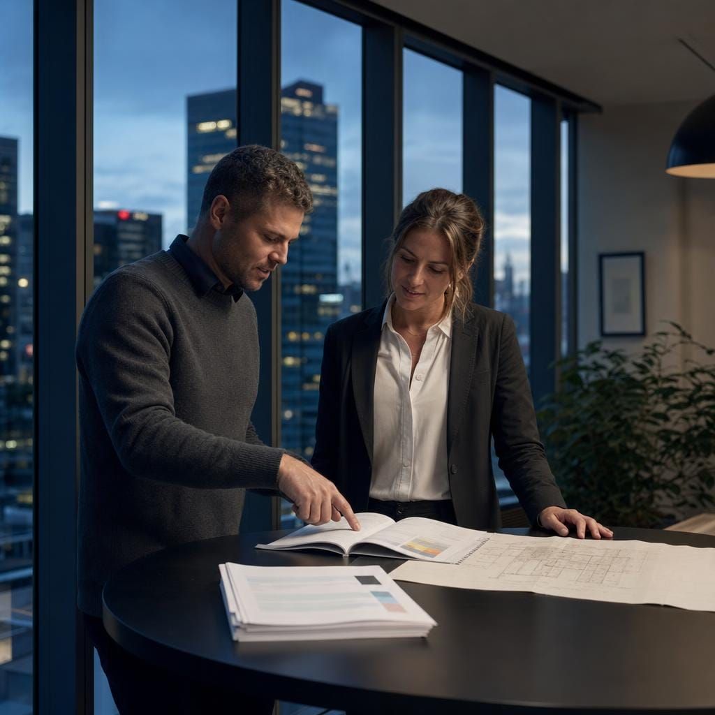 Tether advisor and building owner reviewing a printed building performance plan together in a commercial office