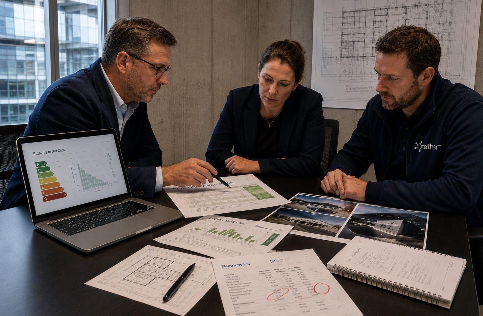 Asset manager, finance lead, and Tether advisor reviewing building performance evidence before a commercial decision.