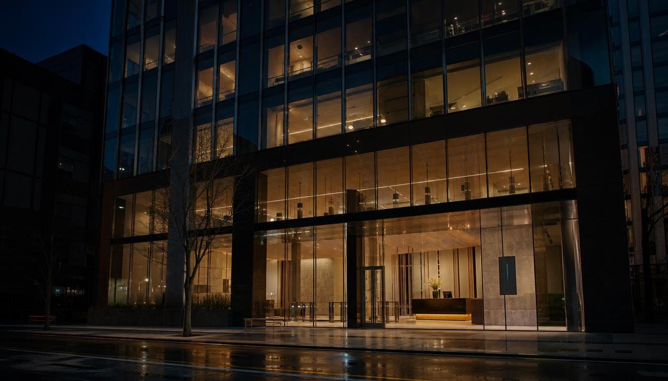 A premium A-grade commercial office tower at dusk with an abstract energy dashboard glowing in its lobby.