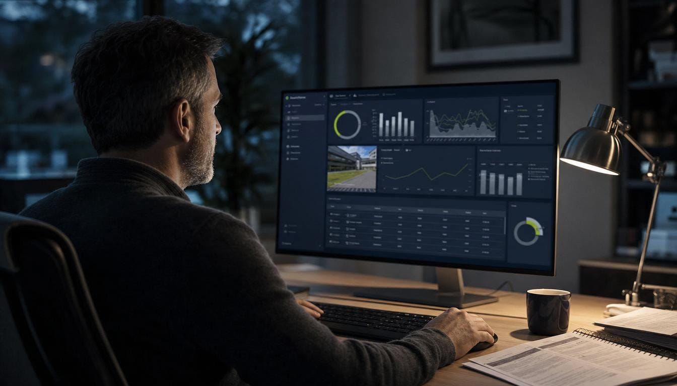 A building owner working through an abstract rating-tracking dashboard at their own desk in the evening.