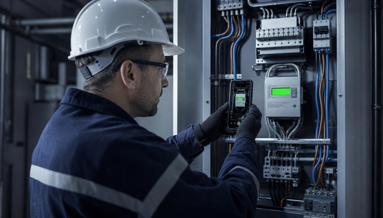 A registered electrician photographing the reading of a newly installed sub-meter inside a commercial switchboard.