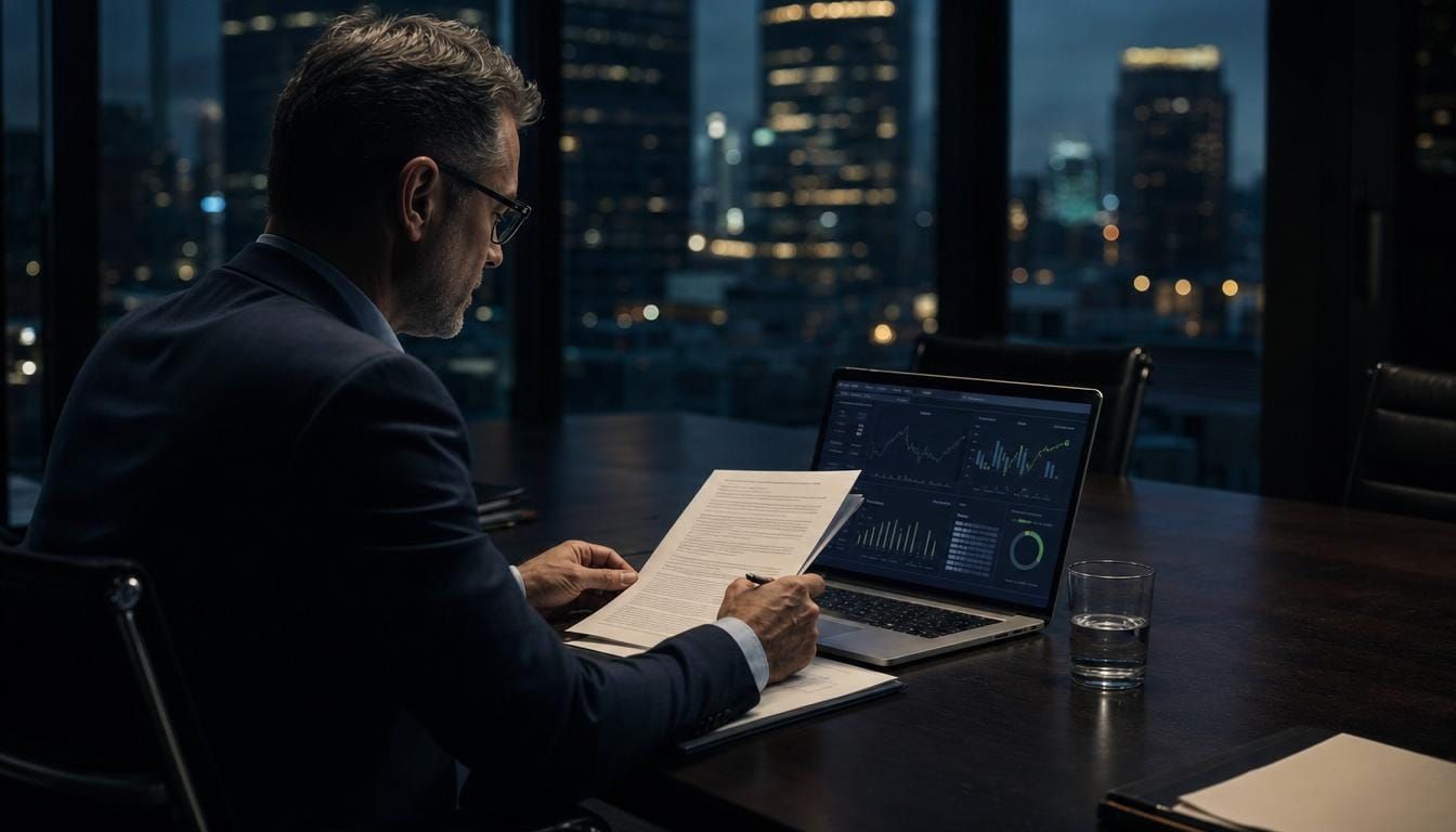A chief financial officer reading lending terms beside an abstract energy-cost chart in a dusk boardroom.