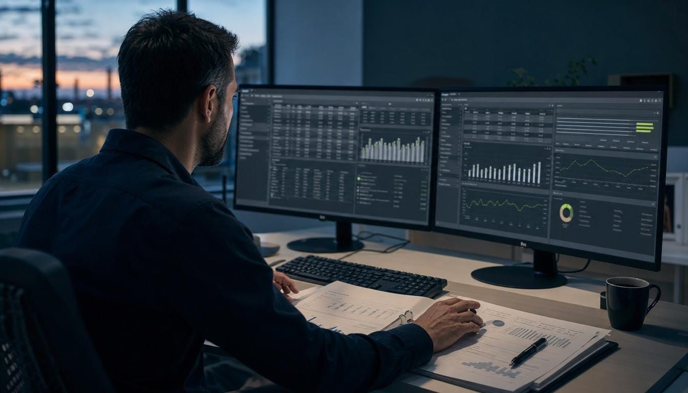 A sustainability manager reviewing an abstract emissions-intensity dashboard across two monitors.