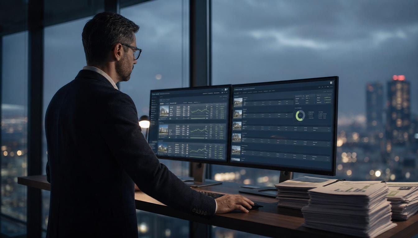 A portfolio asset manager reviewing a grid of building tiles across two monitors at dusk.