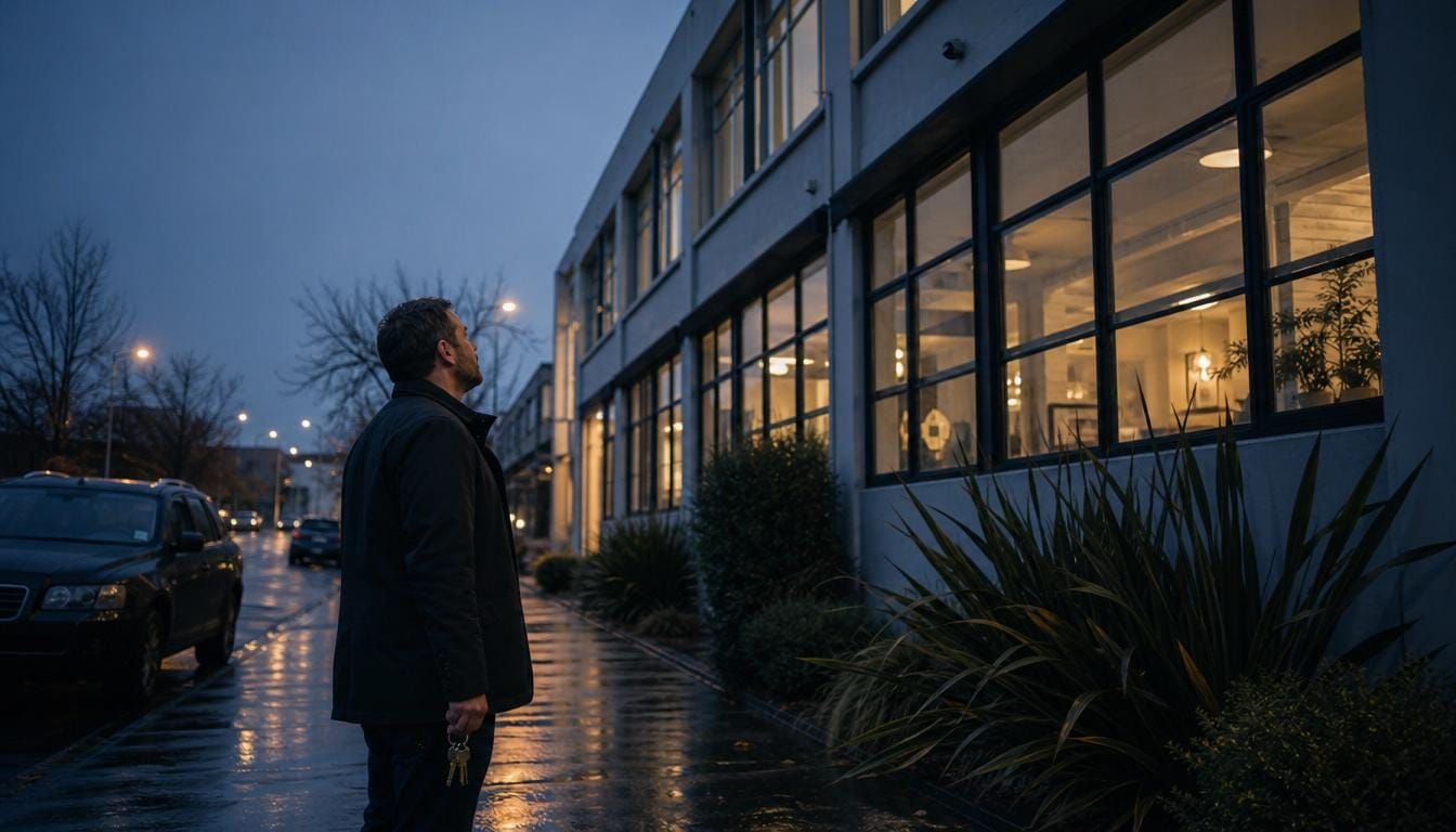 An independent property investor looking up at their mid-sized commercial building at dusk.