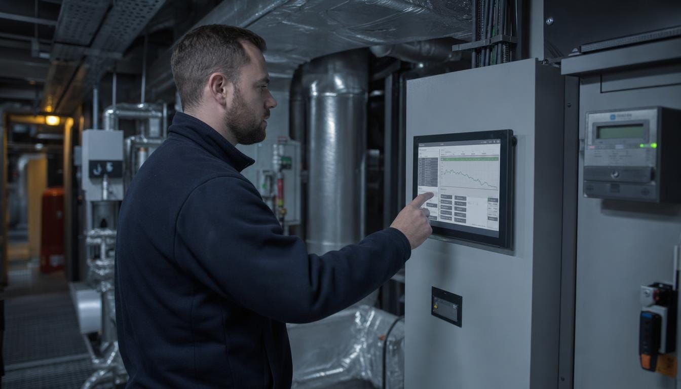 Engineer tuning HVAC controls in a plant room beside a falling energy-cost curve.