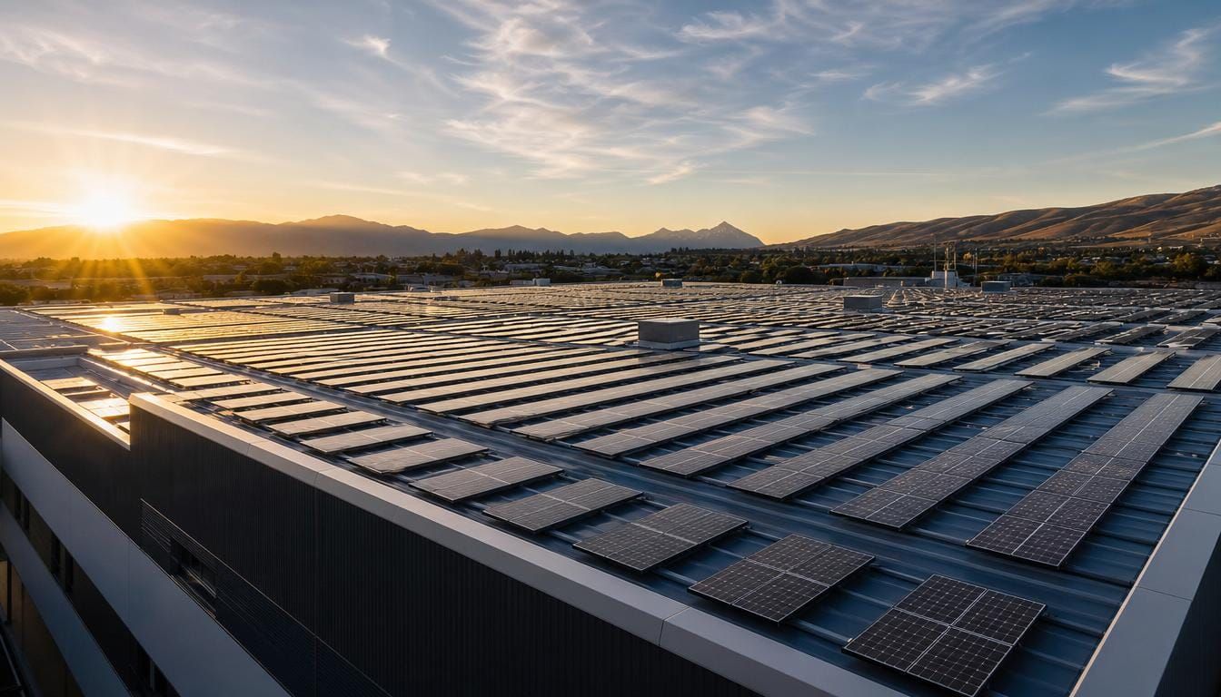 Expansive rooftop solar array on a modern commercial building at golden hour.