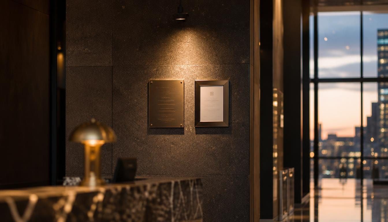 Building energy-rating plaque displayed in a premium commercial lobby.