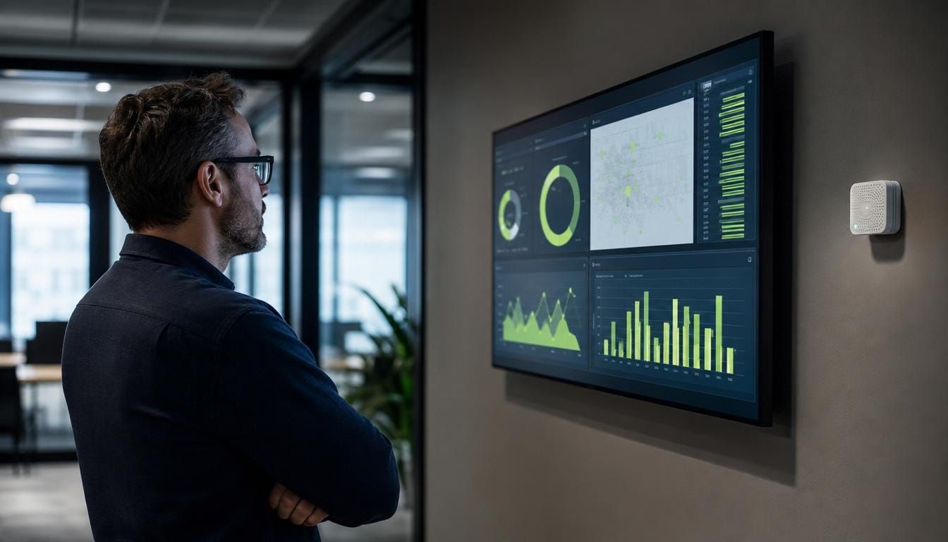 Building manager reviewing a compliance and risk dashboard beside an air-quality sensor.
