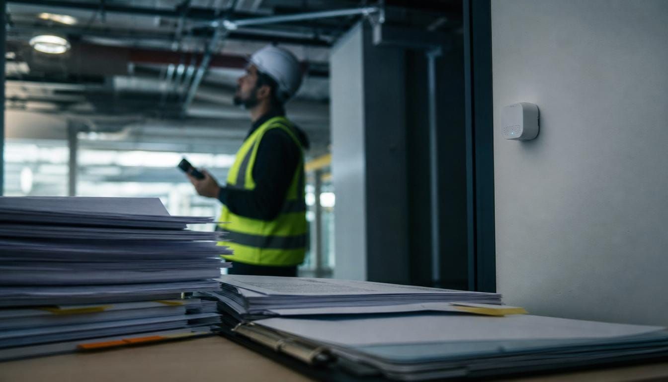 Building compliance review with regulatory standards documents and a services inspection.