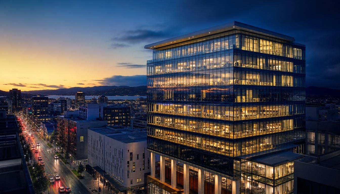 Premium A-grade commercial office building at dusk, the asset a board, lender, and assessor all recognise.