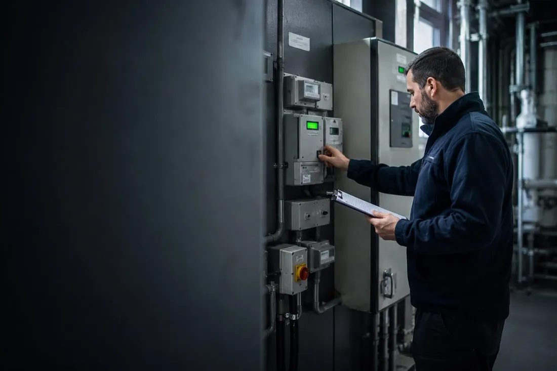 Technician checking metering equipment in a commercial plant room.