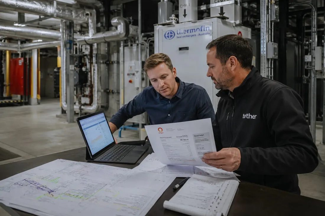 Tether advisor and customer reviewing building goals, bills, plans, and performance data inside a commercial plant room.