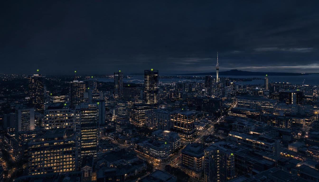 An aerial dusk view of a commercial property portfolio across a city skyline.