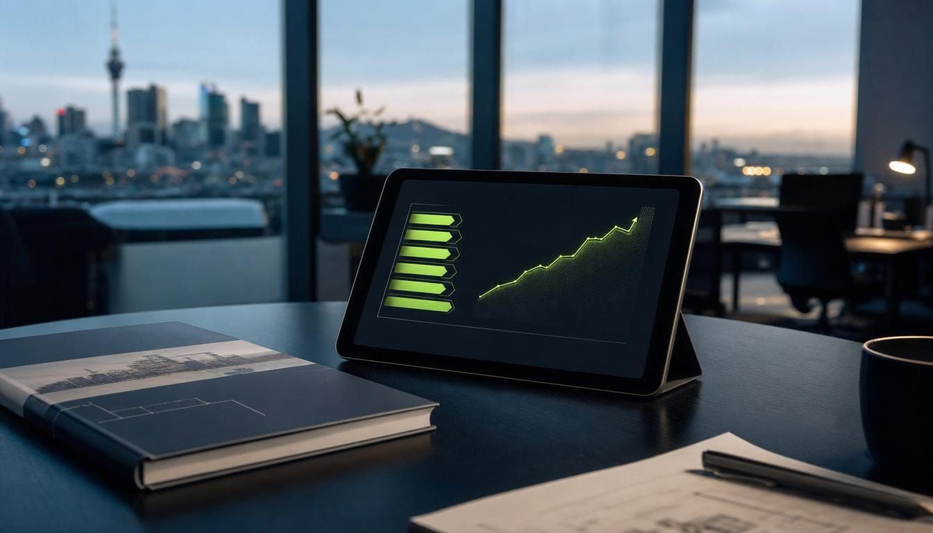 A tablet showing a ranked performance plan beside a bound evidence report, with a city view at dusk.