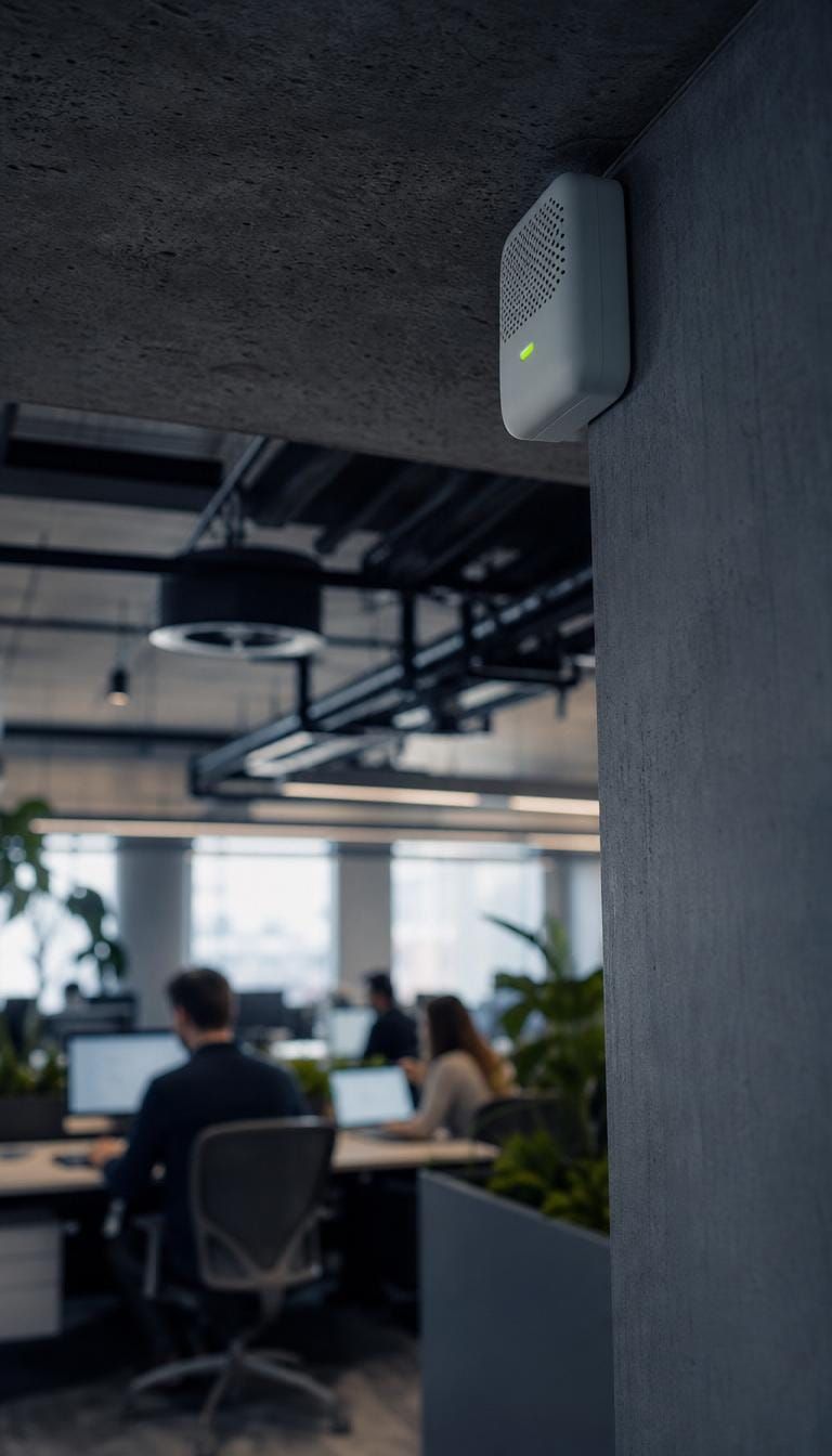 An indoor air-quality sensor in an occupied open-plan office.