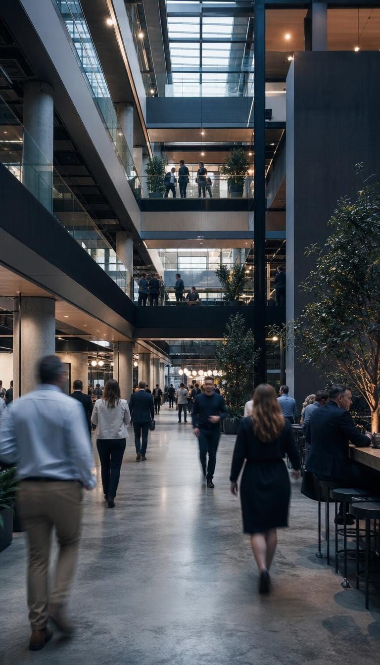 People moving through a modern commercial building atrium.