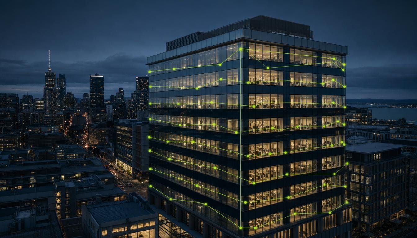 An A-grade commercial office tower at dusk with building-performance data read live across its glass facade.