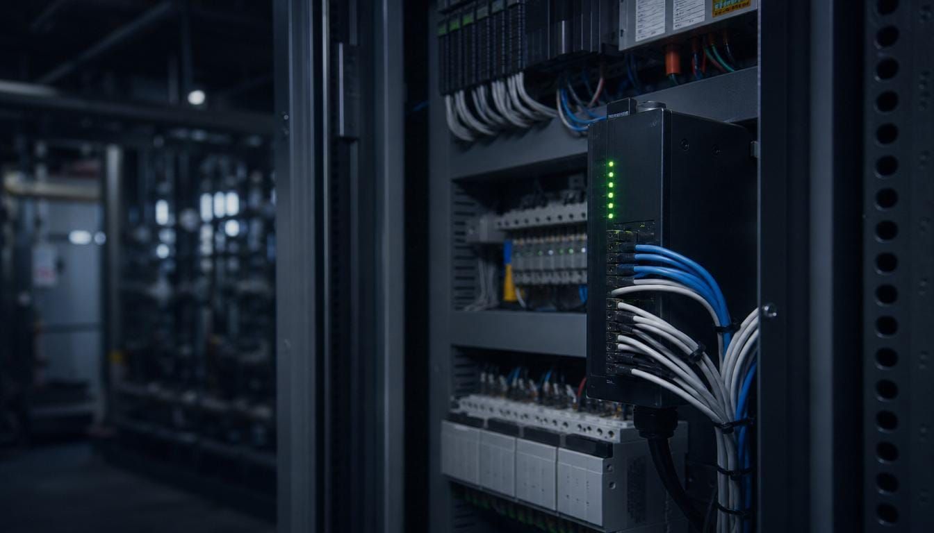 A building-management control cabinet with cabling plugged into a Tether data gateway.