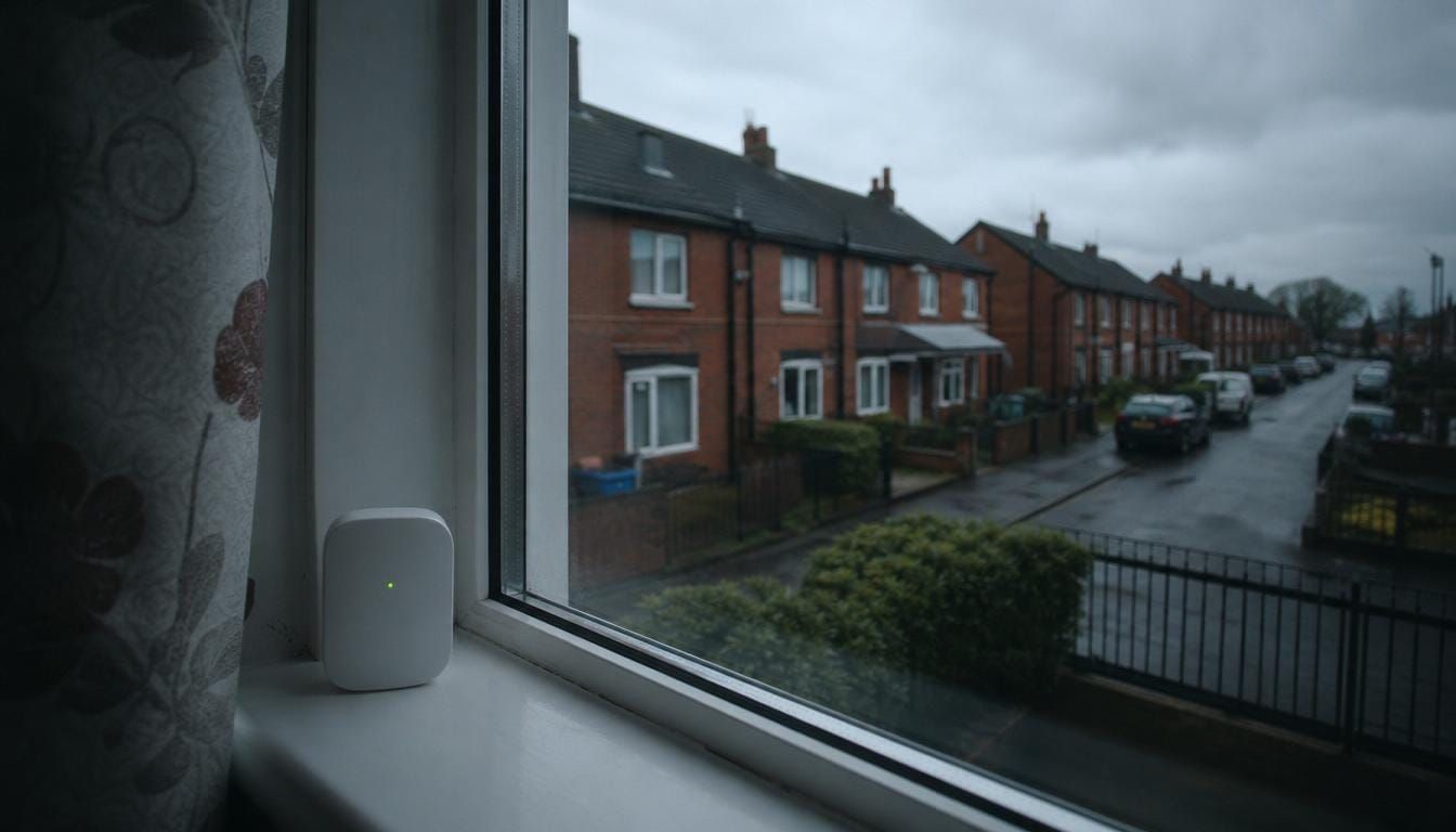 A row of UK social housing with a discreet damp-and-mould sensor on a windowsill.