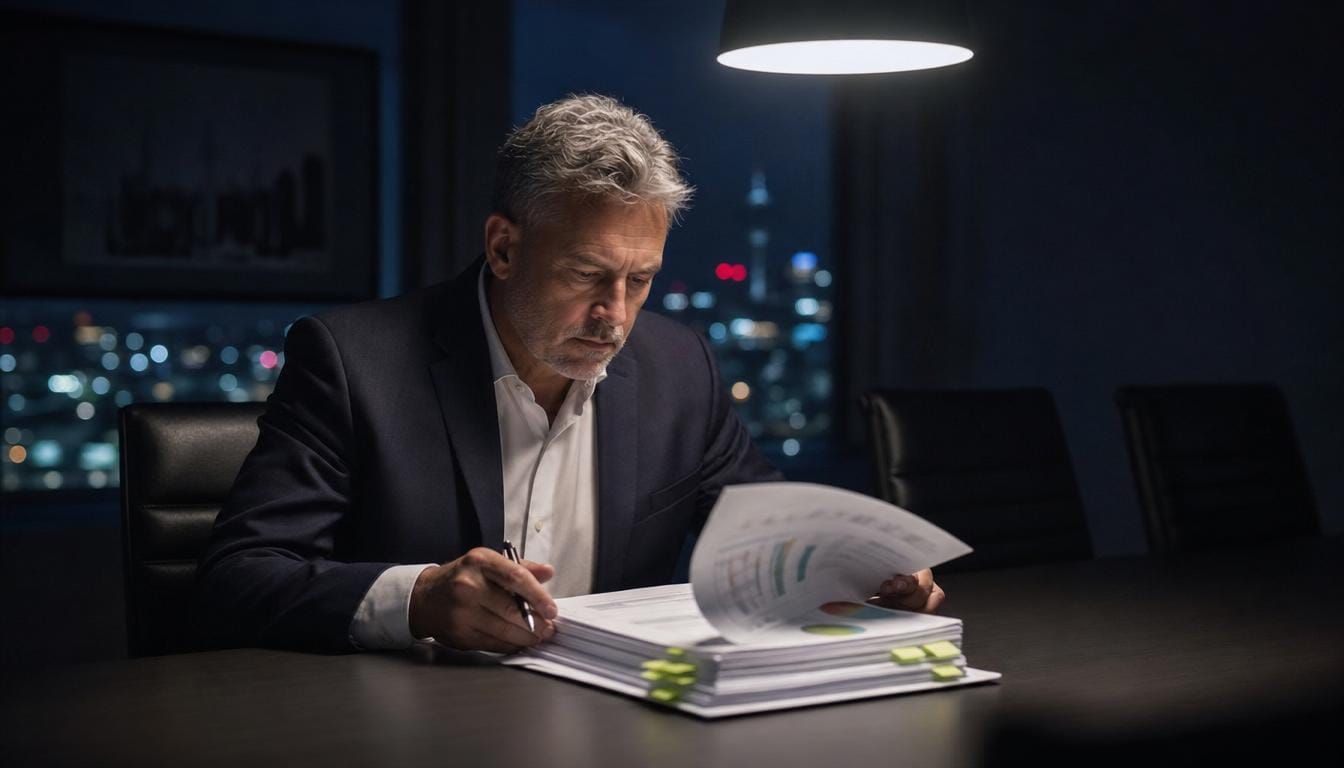 Analyst reviewing a printed building performance report at a boardroom table in the evening.