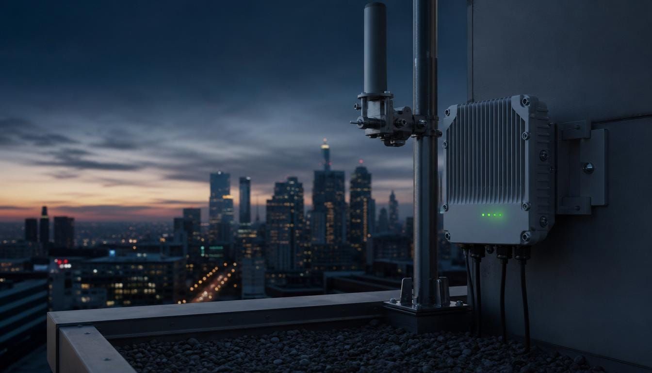 A rooftop network gateway and antenna carrying building data off-site at dusk.