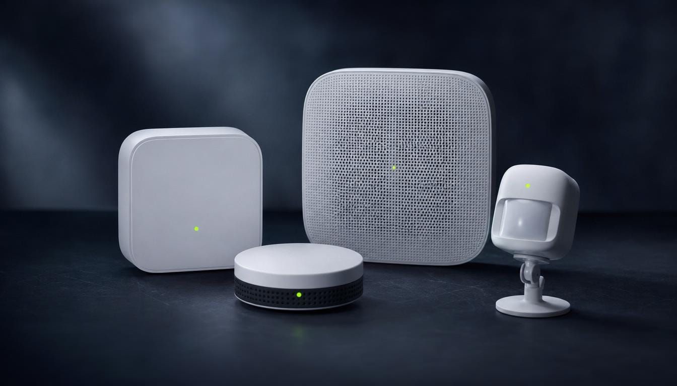 A family of Tether building sensors arranged on a dark surface.