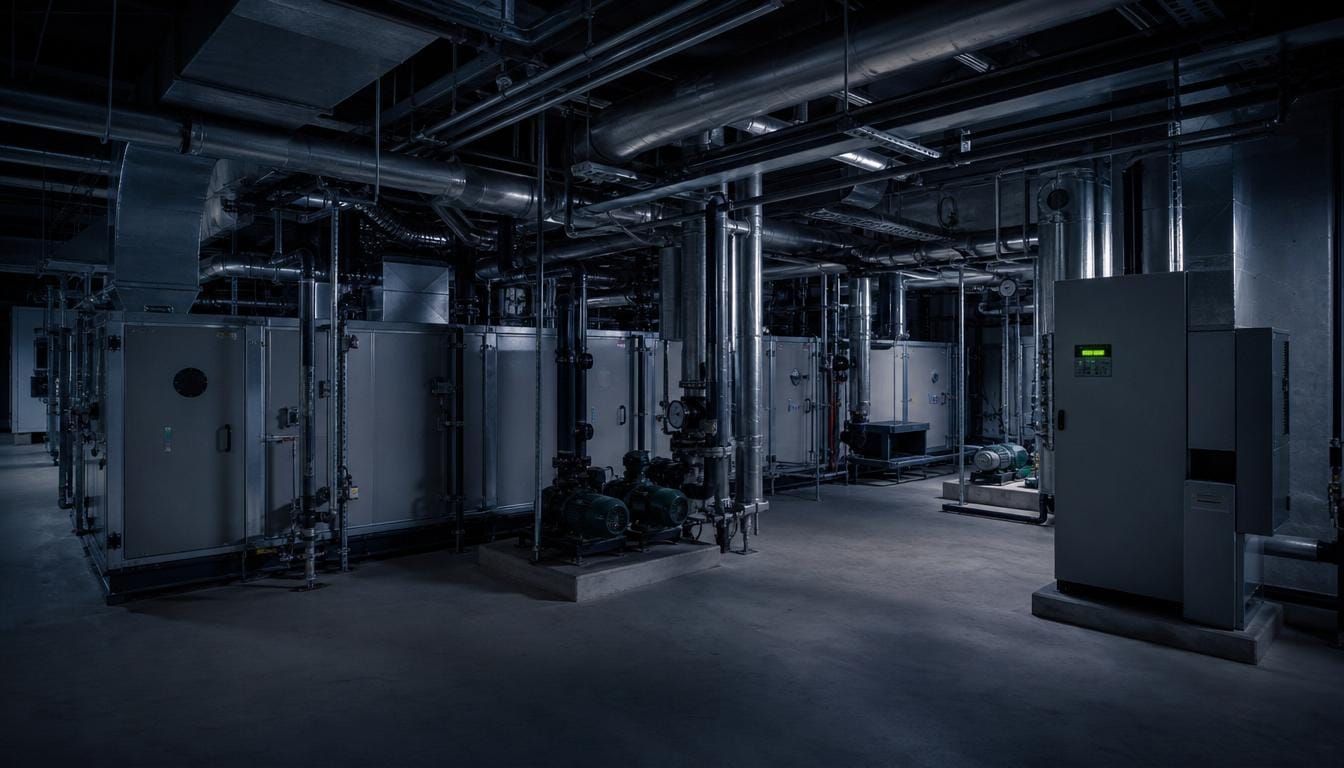 A commercial plant room of mechanical systems and a building-management controller.