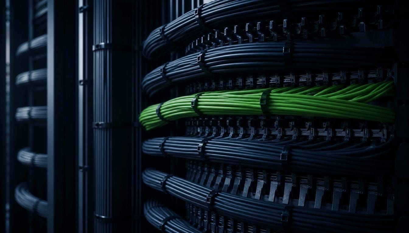 Neatly loomed data cabling sweeping through a commercial building comms riser, one lime-green loom as the accent.