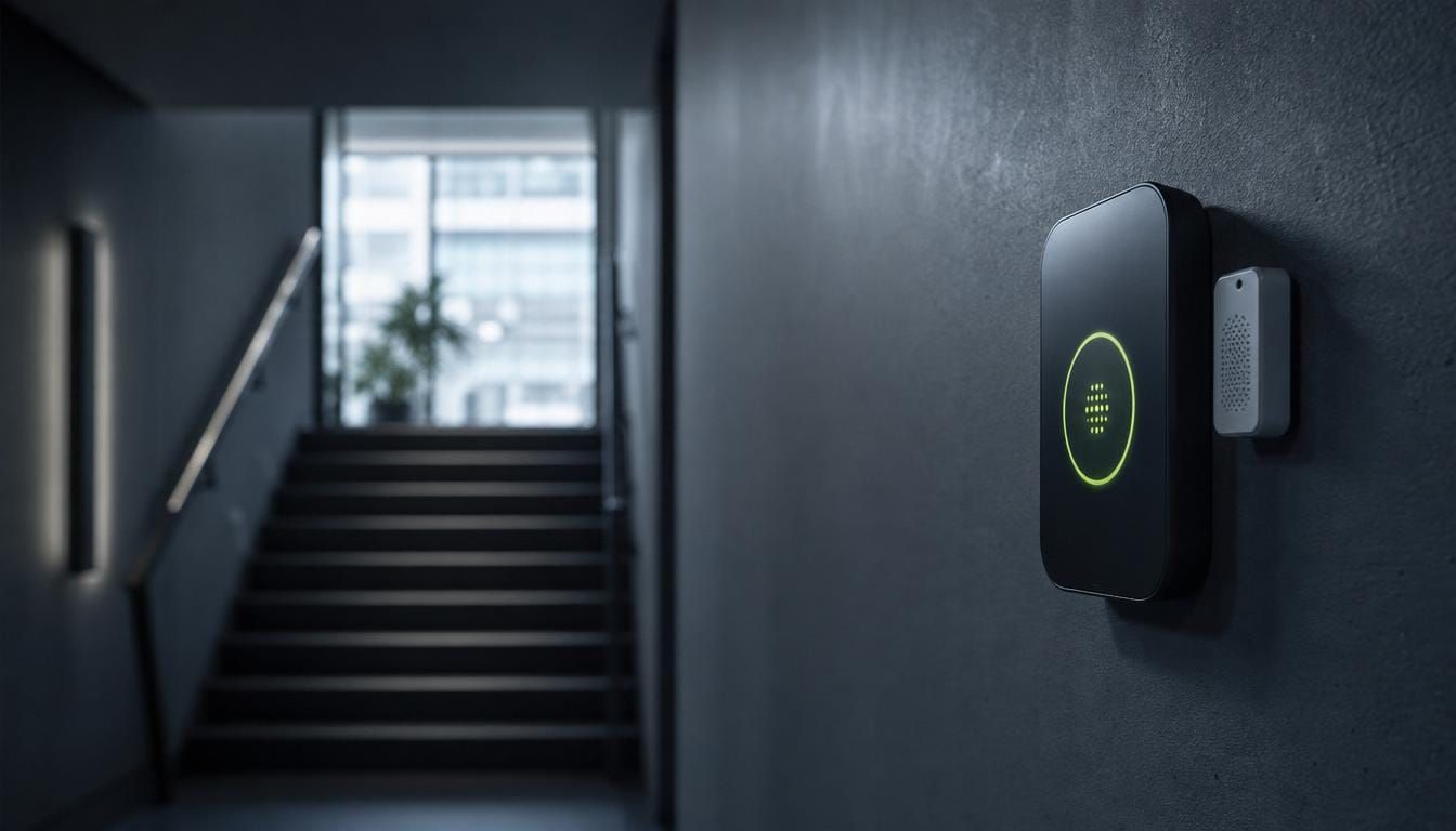 A wall-mounted building air-quality and safety monitor in a corridor.