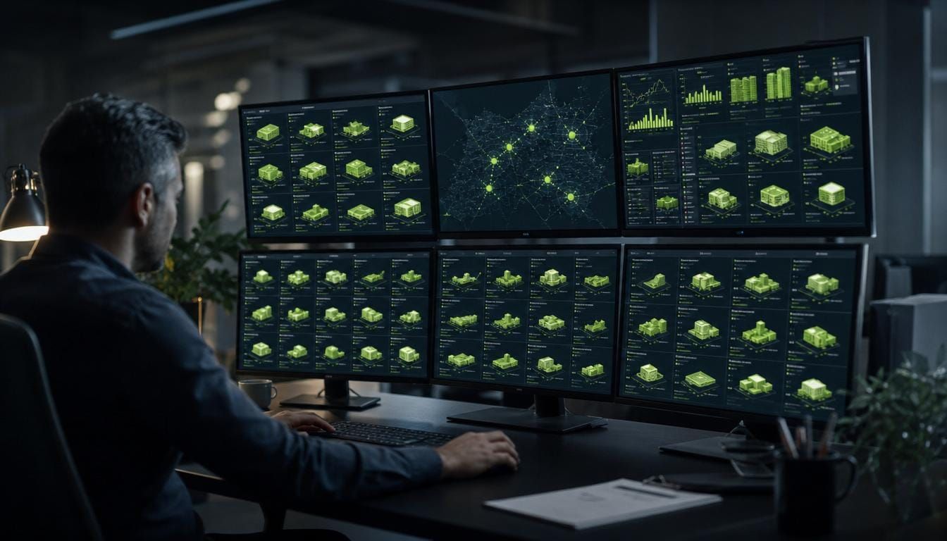 An analyst workspace showing multi-site building data across several screens.
