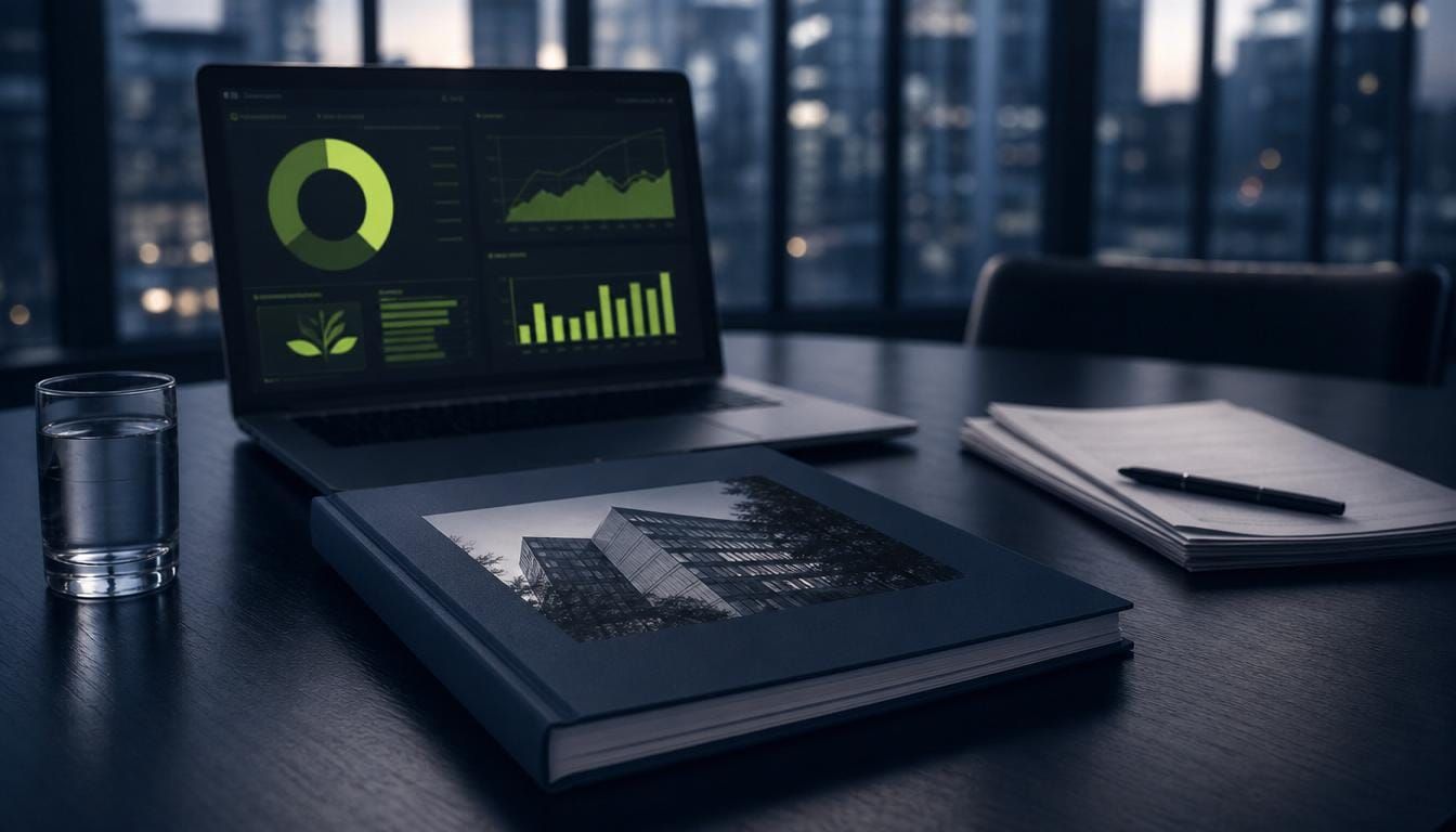 A bound performance and ESG report beside a reporting dashboard at dusk.