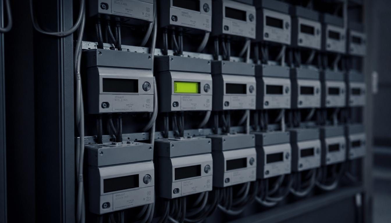 A dense bank of tenant electricity sub-meters in a commercial riser.