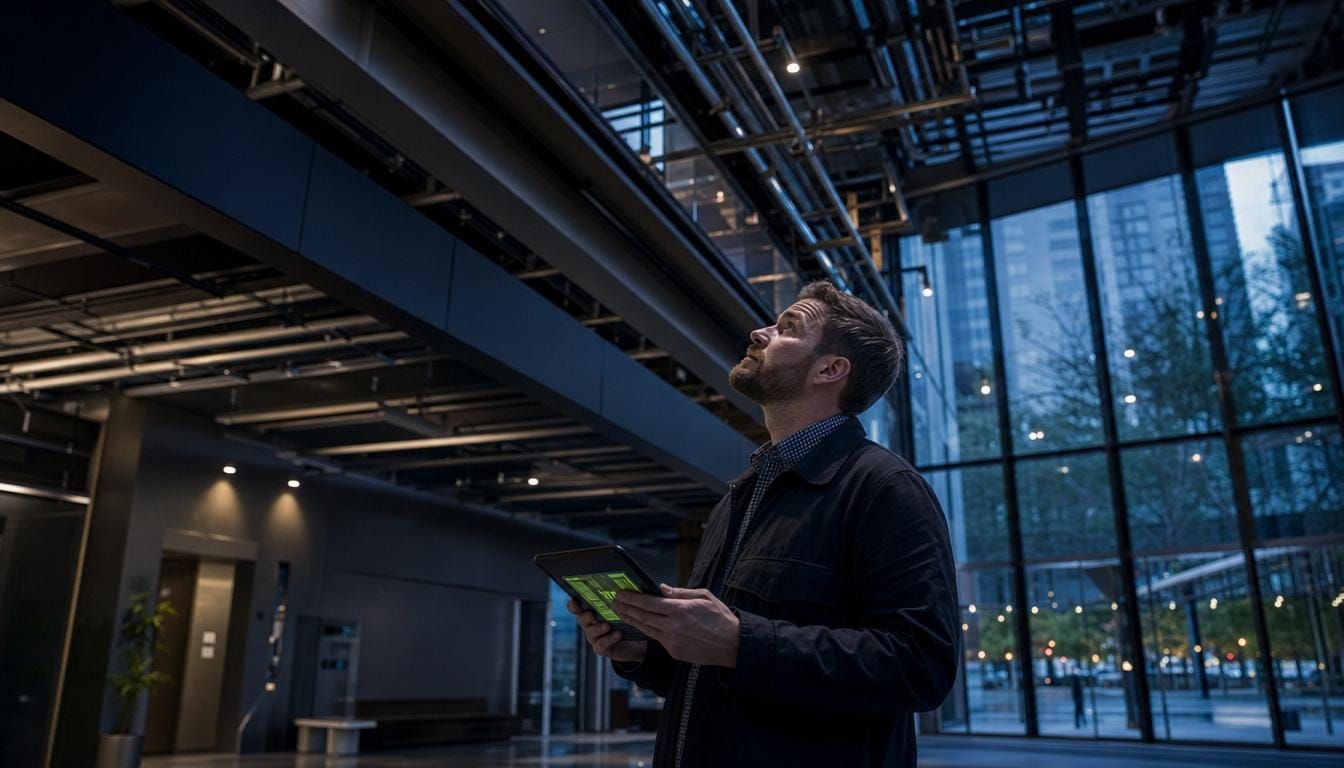 A building performance assessor reviewing a building on a tablet in a commercial lobby.