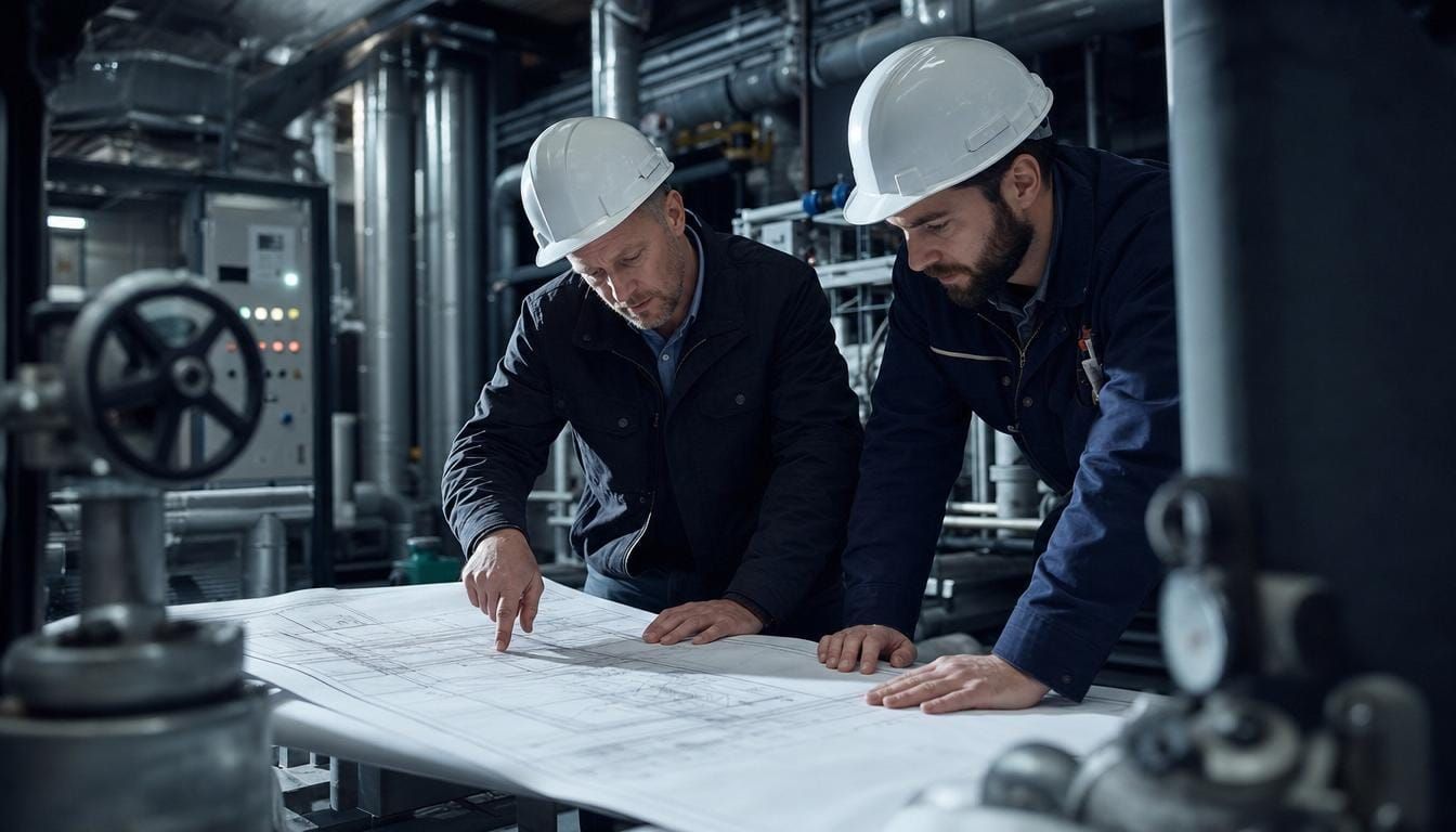 Two building-services engineers in hard hats studying technical drawings in a plant room.