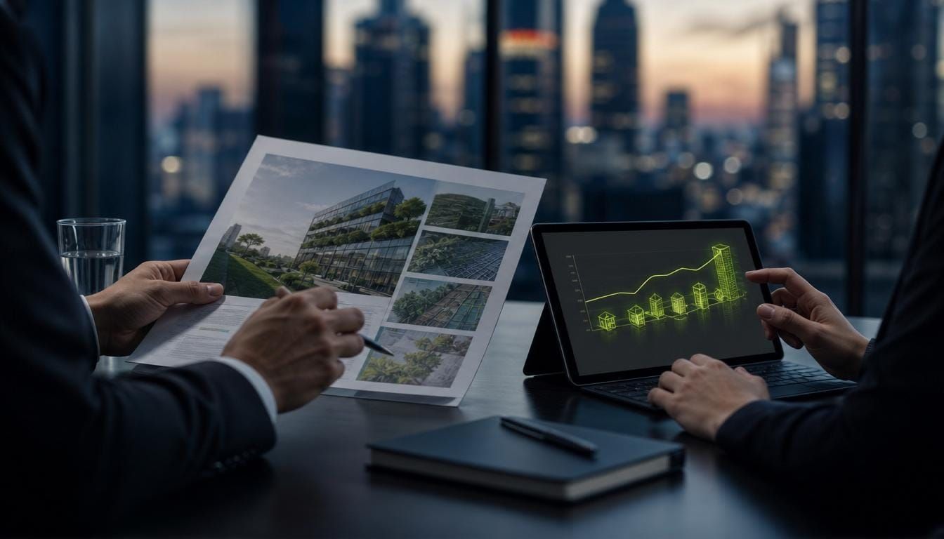 Hands reviewing a printed building green-finance evidence pack beside a tablet at a city-view desk.