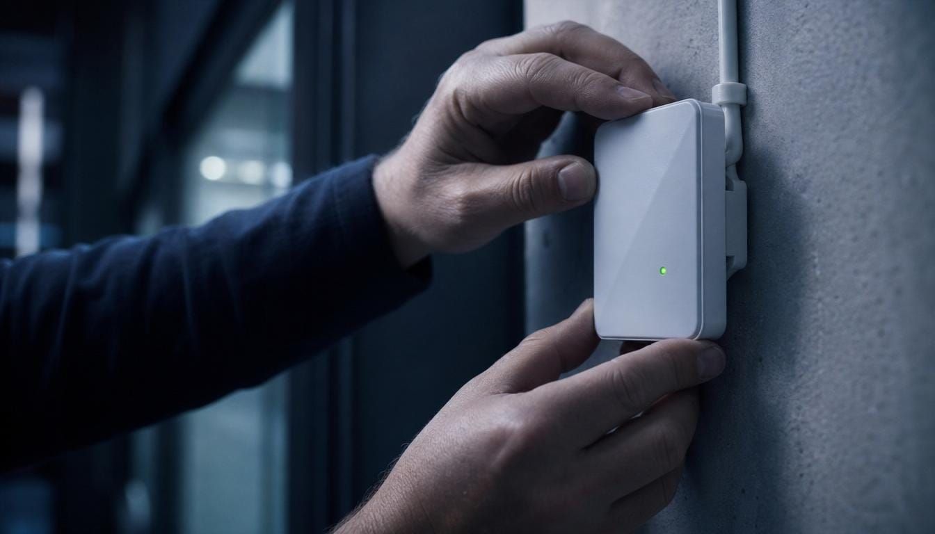 A technician's hands installing a small wireless building sensor with a green status light.