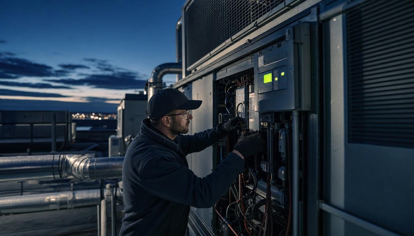 An HVAC technician working on rooftop air-handling and chiller plant at dusk.
