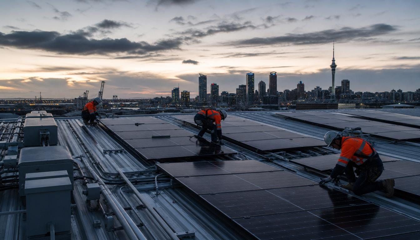 A solar installation crew fitting photovoltaic panels on a commercial rooftop at dusk.